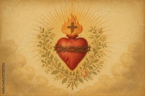 Sacred heart icon radiant gold rays with floral motif and gentle celestial background