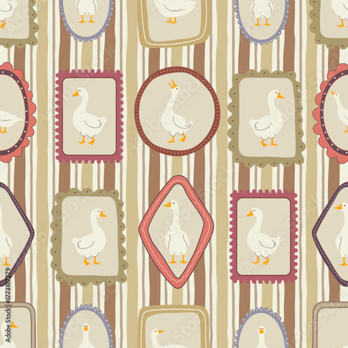 Cute seamless pattern with goose portraits in vintage frames on a striped background.