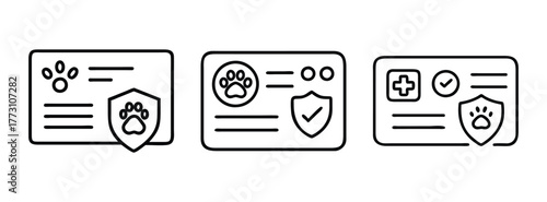 Pet id card icon set vector, animal identification, dog cat passport, health record, shield icon
