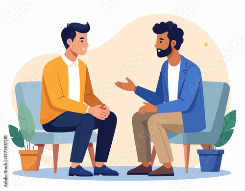 Two men are sitting in chairs facing each other, engaged in a conversation with expressive gestures.