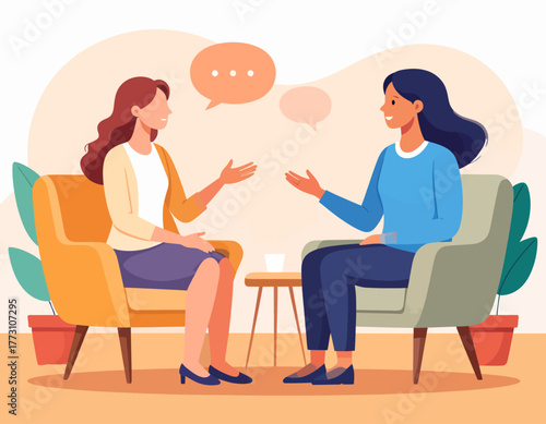 Two women are engaged in a conversation, sitting in armchairs facing each other with speech bubbles above their heads, in a bright, inviting setting.