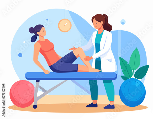 A female doctor examines a patient's knee on an examination table in a medical office, with exercise balls and a clock in the background.