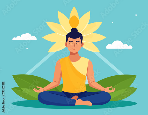 Man meditating in lotus position with closed eyes, wearing yellow top and blue pants, with a large yellow lotus flower behind him.