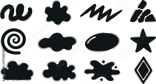 Collection of black doodle shapes on white background on transparent background