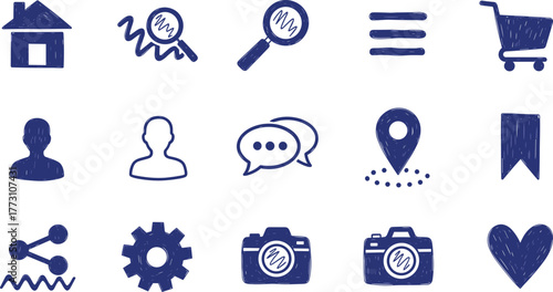 Collection of hand-drawn blue icons on white background on transparent background