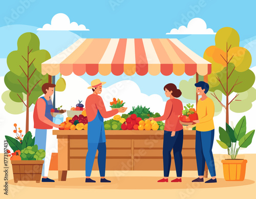 Illustration of a vibrant farmer's market scene with vendors selling fresh produce to customers under a striped awning on a sunny day.