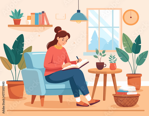 A woman sits in an armchair in a cozy room, writing in a journal with plants, books, and a window in the background.