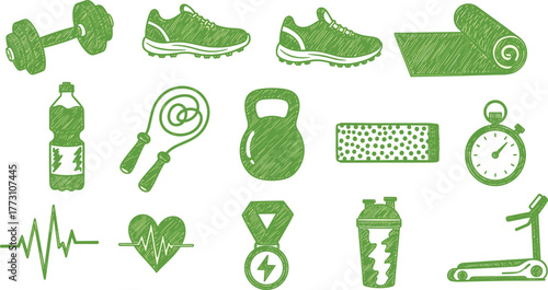Green sketch style fitness and exercise equipment icons on transparent background