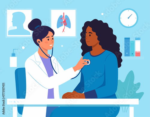 Doctor examining a female patient with a stethoscope in a medical office, with anatomical charts and supplies in the background.