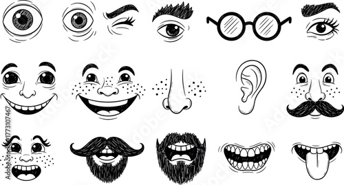 Cartoon facial features: eyes, mouths, noses, and accessories on transparent background