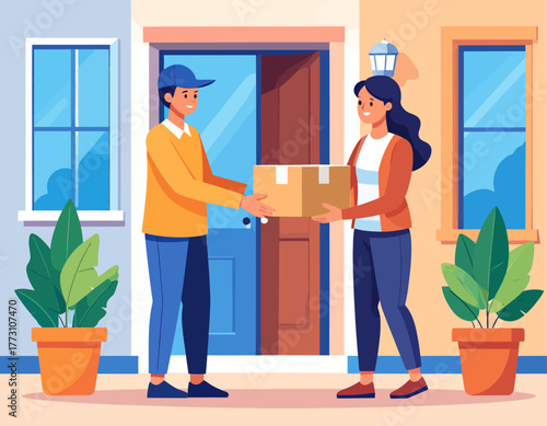 A delivery man in a blue cap hands a cardboard box to a smiling woman standing in front of her house.