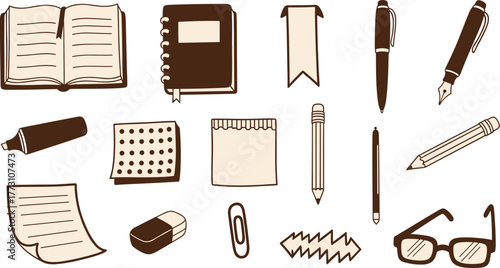 Illustration of stationery items including pens, pencils, notebooks, and glasses on transparent background