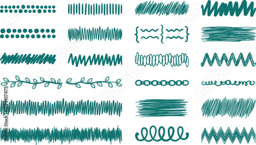 Collection of teal hand-drawn line borders and dividers on white background on transparent background