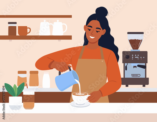 A smiling barista pours milk into a cup of coffee, creating latte art, in a cozy cafe setting with shelves and an espresso machine.