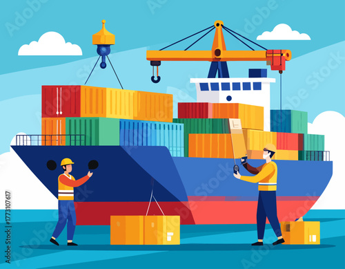 Cargo ship being loaded with containers by crane, with two workers overseeing the process on a bright, sunny day.