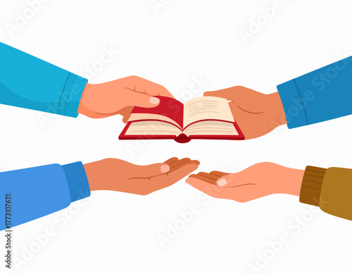 Two pairs of hands exchange or share an open book with red cover against a white background.