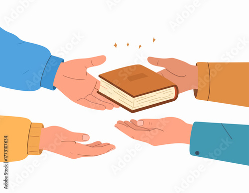 Two pairs of hands exchanging a brown book, symbolizing knowledge transfer, sharing, or lending, with a clean, illustrative style.