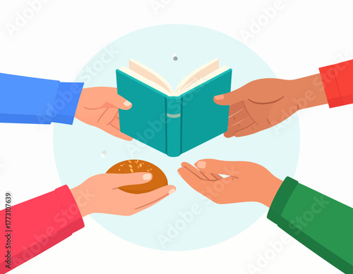 Four hands reaching out, two offering a book and two offering food, symbolizing sharing and support.