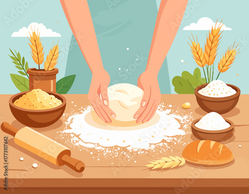 Illustration of hands kneading dough on a wooden surface, surrounded by ingredients like flour, wheat, and a rolling pin, suggesting baking or cooking.