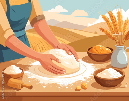 Woman kneading dough on a floured surface, preparing bread with wheat and bowls in a rural landscape setting.