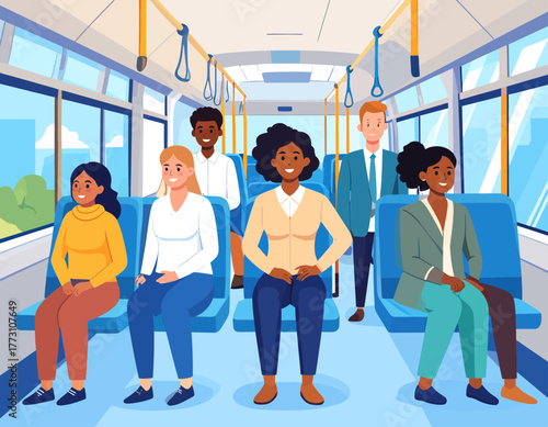 Illustration of diverse passengers riding a bus, sitting and standing, with city buildings visible through the windows.