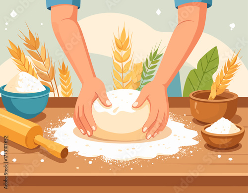 Hands kneading dough on a wooden surface with flour, a rolling pin, and wheat stalks in the background, illustrating baking.