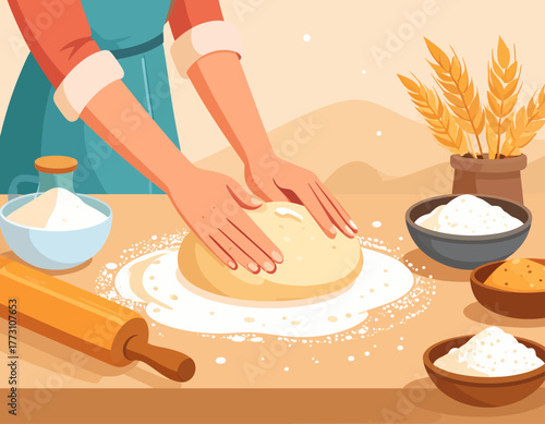Hands kneading dough on a floured surface, with ingredients and wheat stalks nearby, in a warm, inviting kitchen setting.