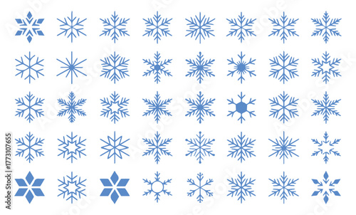 Exquisite collection of intricate blue snowflakes, showcasing diverse crystalline patterns perfect for winter holidays, festive designs, and cool weather promotions.