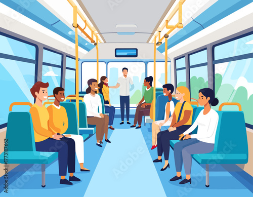 Illustration of diverse passengers inside a modern bus, some sitting and some standing, traveling together.