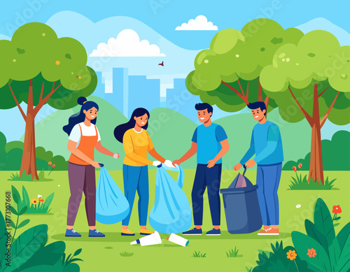Four people cleaning up litter in a park, collecting trash into bags, with trees and buildings in the background.