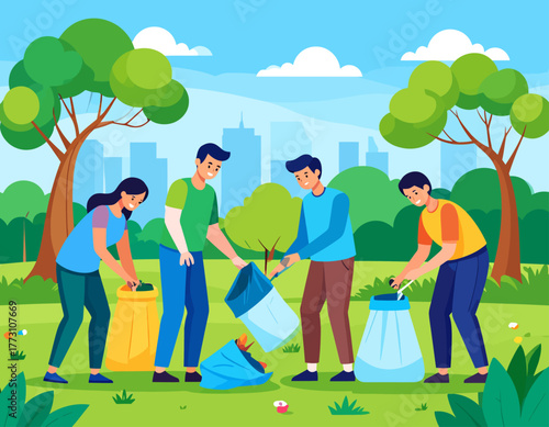 Four people are cleaning up trash in a park, putting litter into garbage bags under a bright, sunny sky.