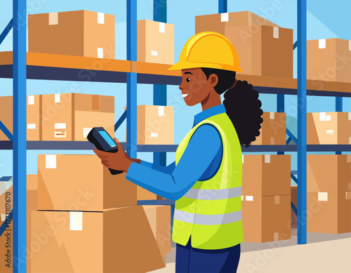 A Black woman wearing a hard hat and safety vest scans boxes in a warehouse using a handheld device, surrounded by shelves filled with cardboard boxes.