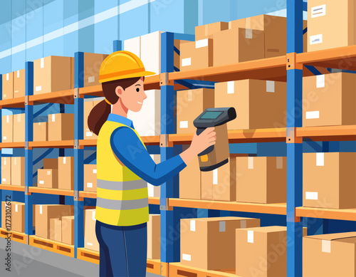 A female warehouse worker wearing a hard hat scans boxes on shelves with a handheld barcode scanner in a bright, organized warehouse.