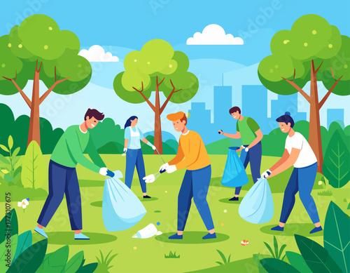 A group of volunteers cleans up a park, collecting trash in bags to help protect the environment and keep the space clean.