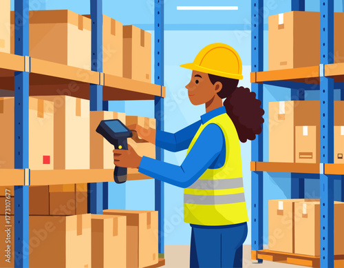 An illustration of a female warehouse worker scanning boxes on shelves with a handheld barcode reader, wearing a hard hat and safety vest.