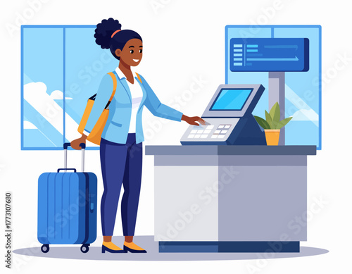 A smiling Black woman checks in at an airport kiosk with her suitcase and tote bag against a backdrop of large windows.