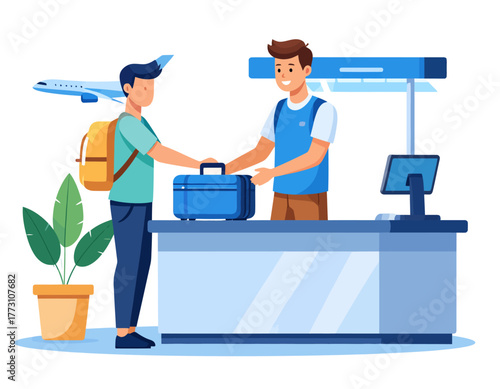 A traveler hands his blue suitcase to an airport check-in agent, with an airplane visible in the background, symbolizing travel.
