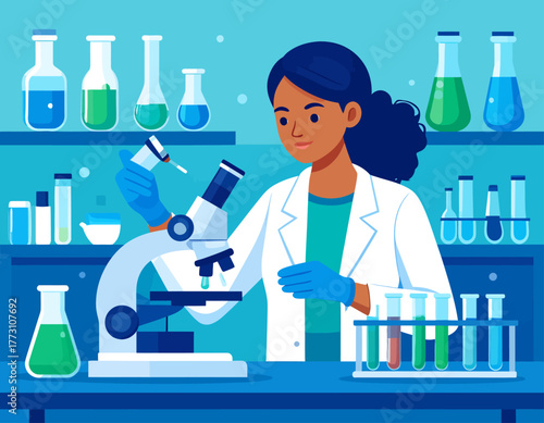 An illustration of a female scientist in a lab coat using a microscope, with beakers and test tubes on shelves in the background.