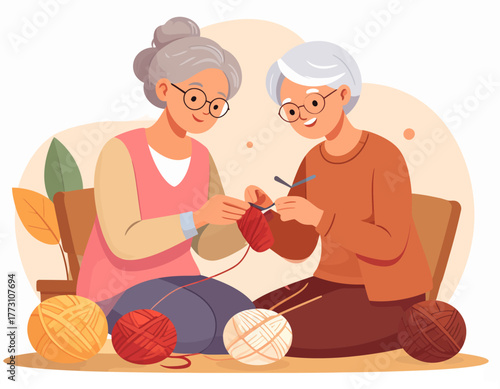 Two elderly women are sitting together knitting with yarn, enjoying their crafting hobby and companionship.