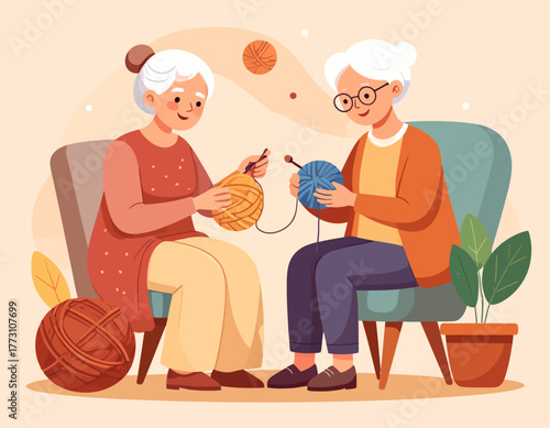 Two elderly women are sitting in chairs knitting with yarn, enjoying their hobby in a cozy, illustrated setting.