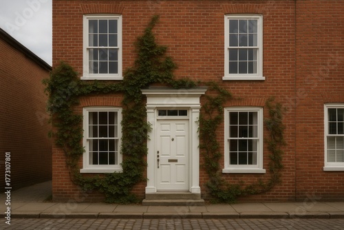 Charming brick townhouse with white sash windows and ivy along quiet English street