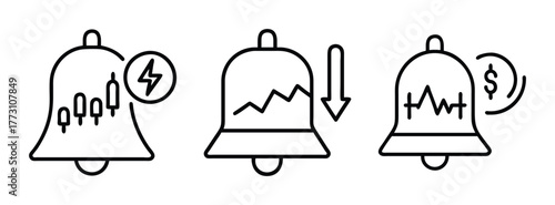 Stock market trading alerts and notifications bell icon for financial news and analysis trends