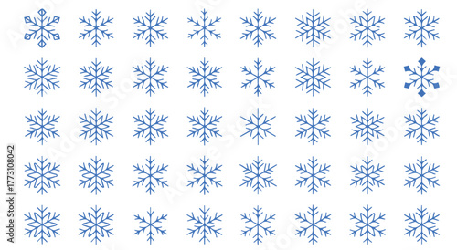 Captivating collection of diverse blue snowflake designs symbolizing winter's delicate artistry and festive holiday cheer, perfect for seasonal decorations and branding