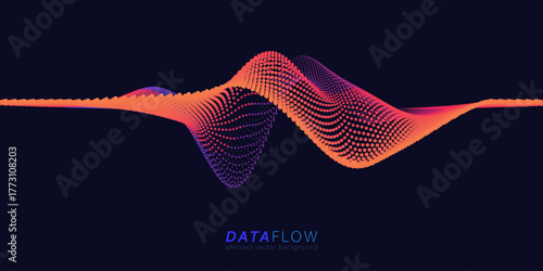 Big Data Flow wavy point lines. Minimalistic neural network information analysis. Digital dynamic qubits of data. AI technology voice print