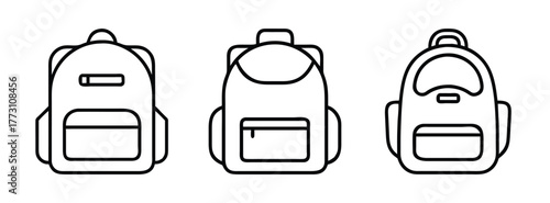 Backpack outline vector set: school bag, travel backpack, hiking backpack, rucksack, knapsack vector