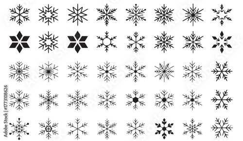 Elegant collection of fifty snowflakes for winter designs and holiday projects, creating a festive, magical atmosphere for your creative projects