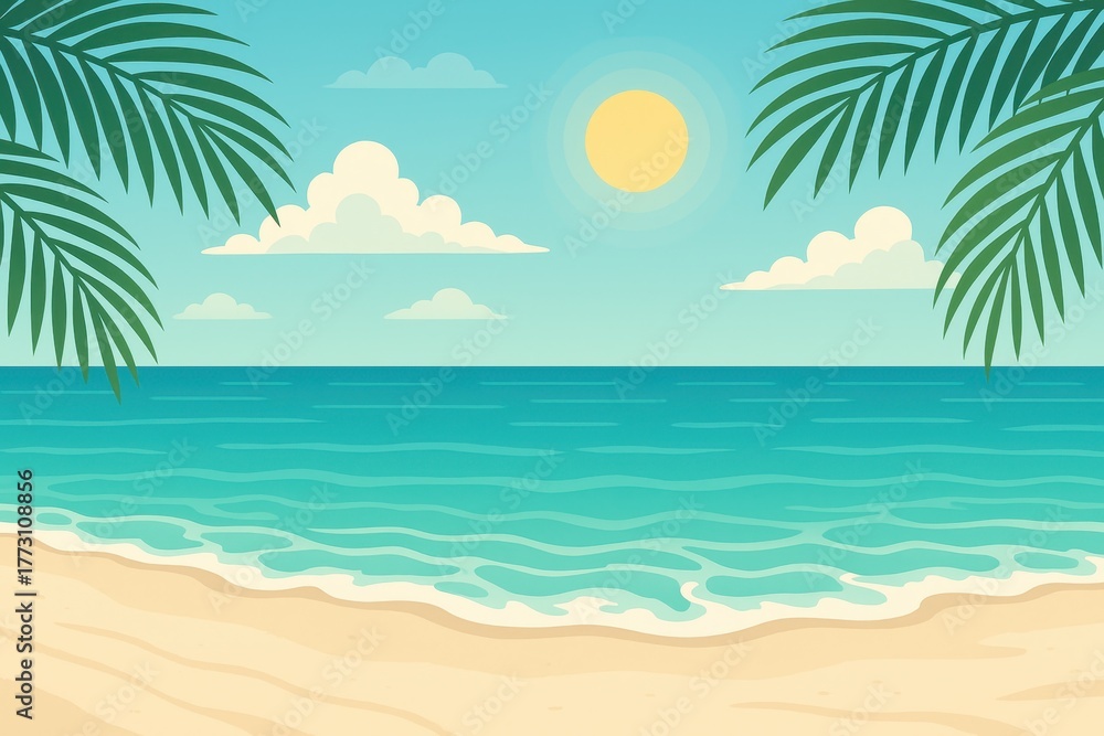 Obraz premium Vibrant illustrated tropical beach with turquoise water palm trees and sunny sky