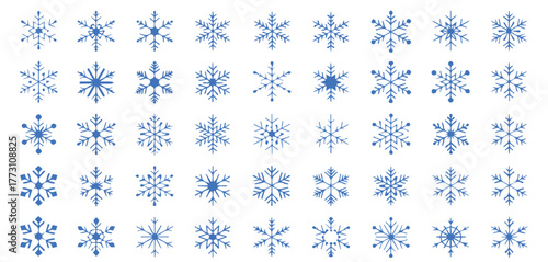 Stunning collection of diverse blue snowflakes elegantly arranged, perfect for festive winter designs and chilling seasonal promotions