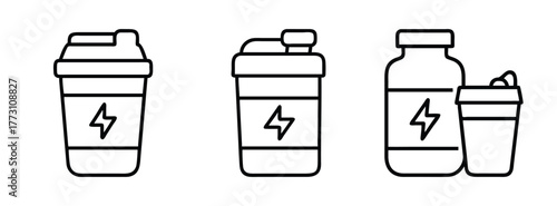 Protein shaker bottle vector outline illustration set for gym fitness and workout supplement drink 