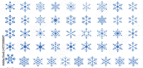 Set of 50 Unique Blue Snowflake Icons and Shapes: Detailed Vector Graphics for Winter Holidays, Christmas, and Frosty Designs